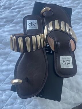 DV by Dolce Vita Dark Brown Leather Slide Sandals with Gold Teardrop Accents